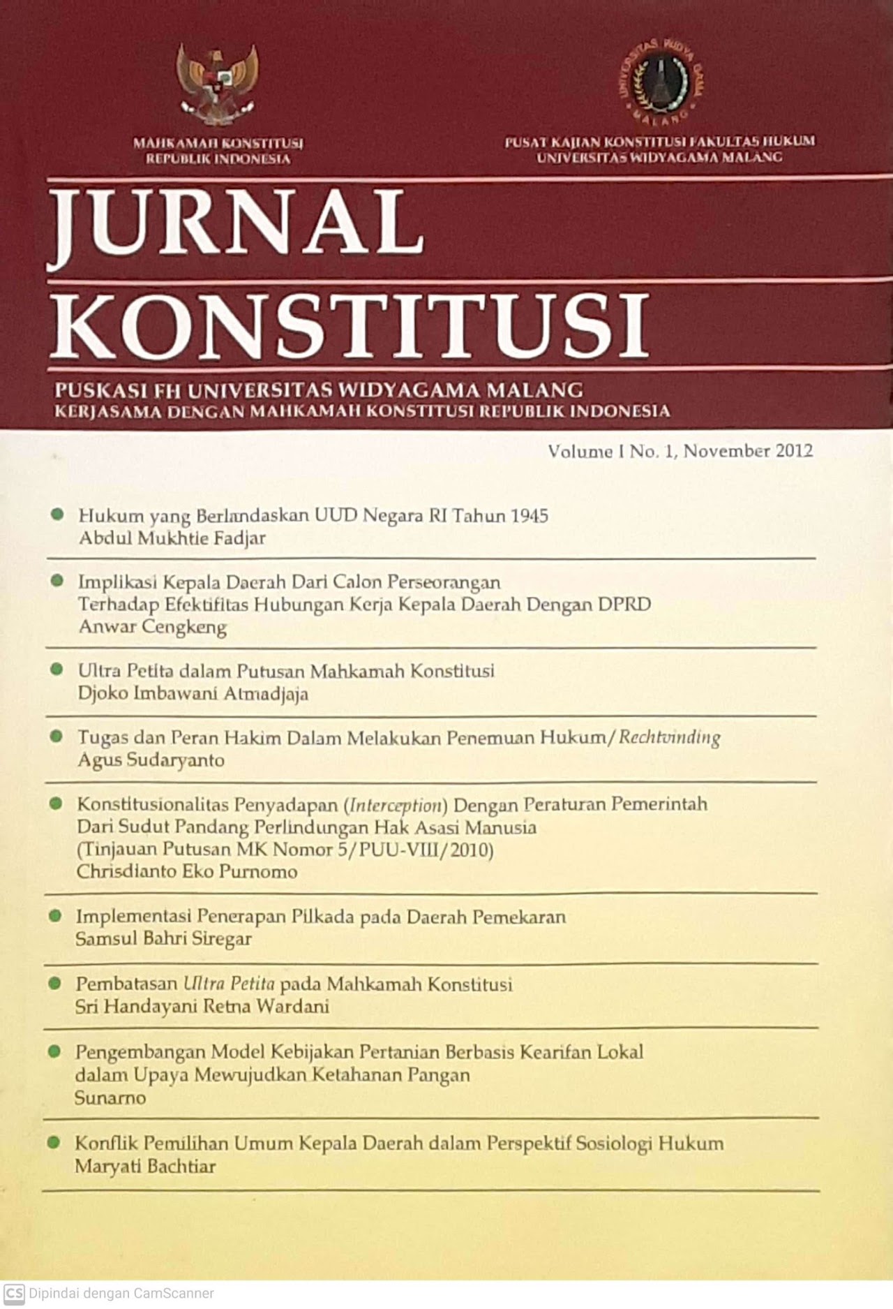 Cover Jurnal konstitusi : Puskasi Fakultas Hukum Universitas Wigyagama Malang (Volume I No. 1 November 2012)